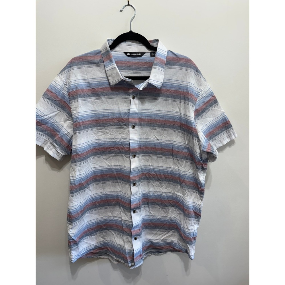 TravisMathew Mens XXL Short Sleeve Button Down Shirt Striped Blue Red White
